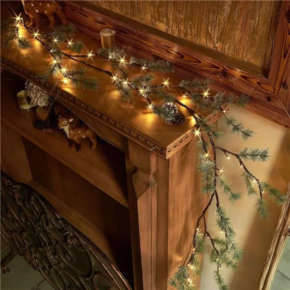Lighted Christmas Pine Garland Battery Operated with Timer 6FT 48 Warm